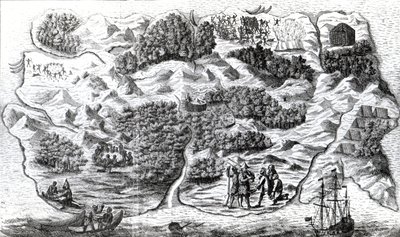 Robinson Crusoes Insel, graviert von Clark und Pine, 1719 von English School